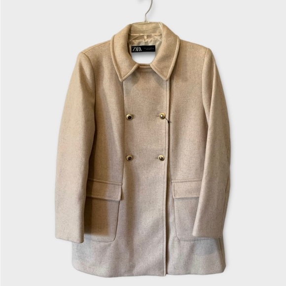 ZARA Wool Double Breasted Peacoat Tan Large - Picture 2 of 10
